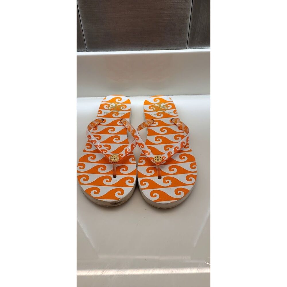 Tory Burch Orange White Swirl Logo Flip Flop Sandals Womens 8-9 Summer Pool Flip